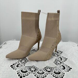 BEBE Joselyn Rhinestone Fly Knit Nude Stiletto Heel Boots Size 8